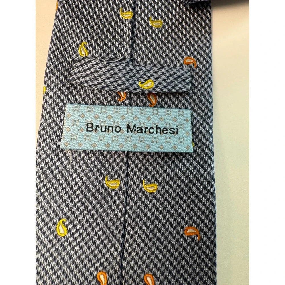 Bruno Marchesi Mens Silk Tie Navy Blue Houndstooth Multi Color Paisley Hand Made